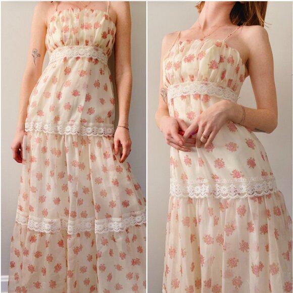 Vintage 1970's Cottage Core Cream Floral Lace Tiered Maxi Dress - Picture 4 of 7